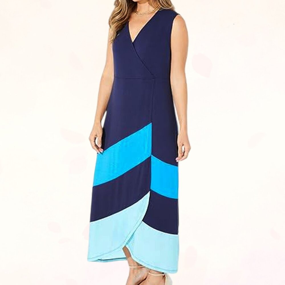Spense Cascading Stripe Stretchy Sleeveless High-Low Fit & Flare Maxi Dress Sz S